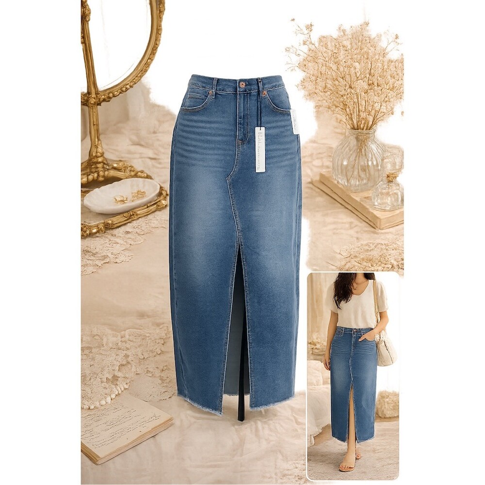 Nicole Miller Medium Blue Denim High-Waist Front-Slit Maxi Skirt